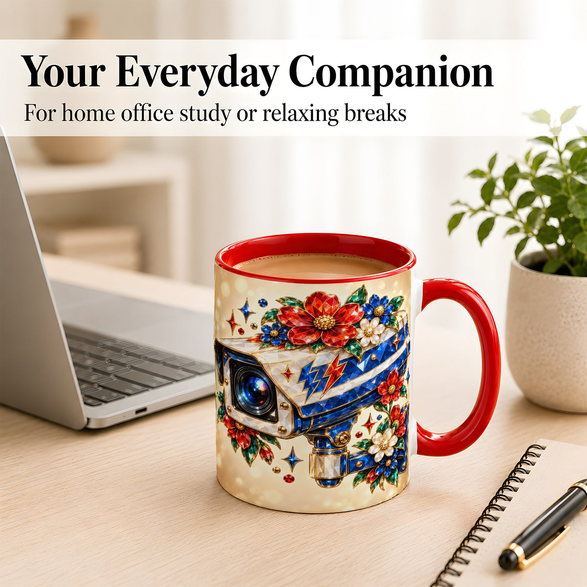 #pl[11oz|Red] Jeweled Floral Camera Coffee Mug, Surveillance Art Mug, Ceramic Cup