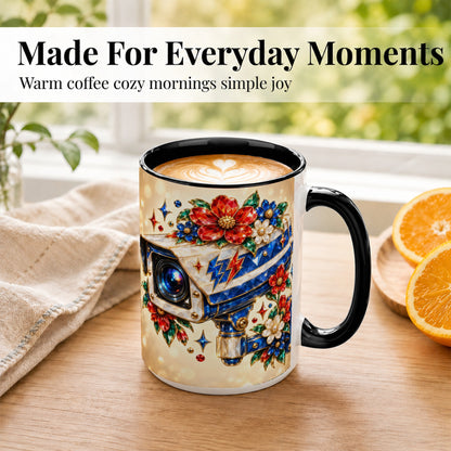 #pl[15oz|Black] Jeweled Floral Camera Coffee Mug, Surveillance Art Mug, Ceramic Cup