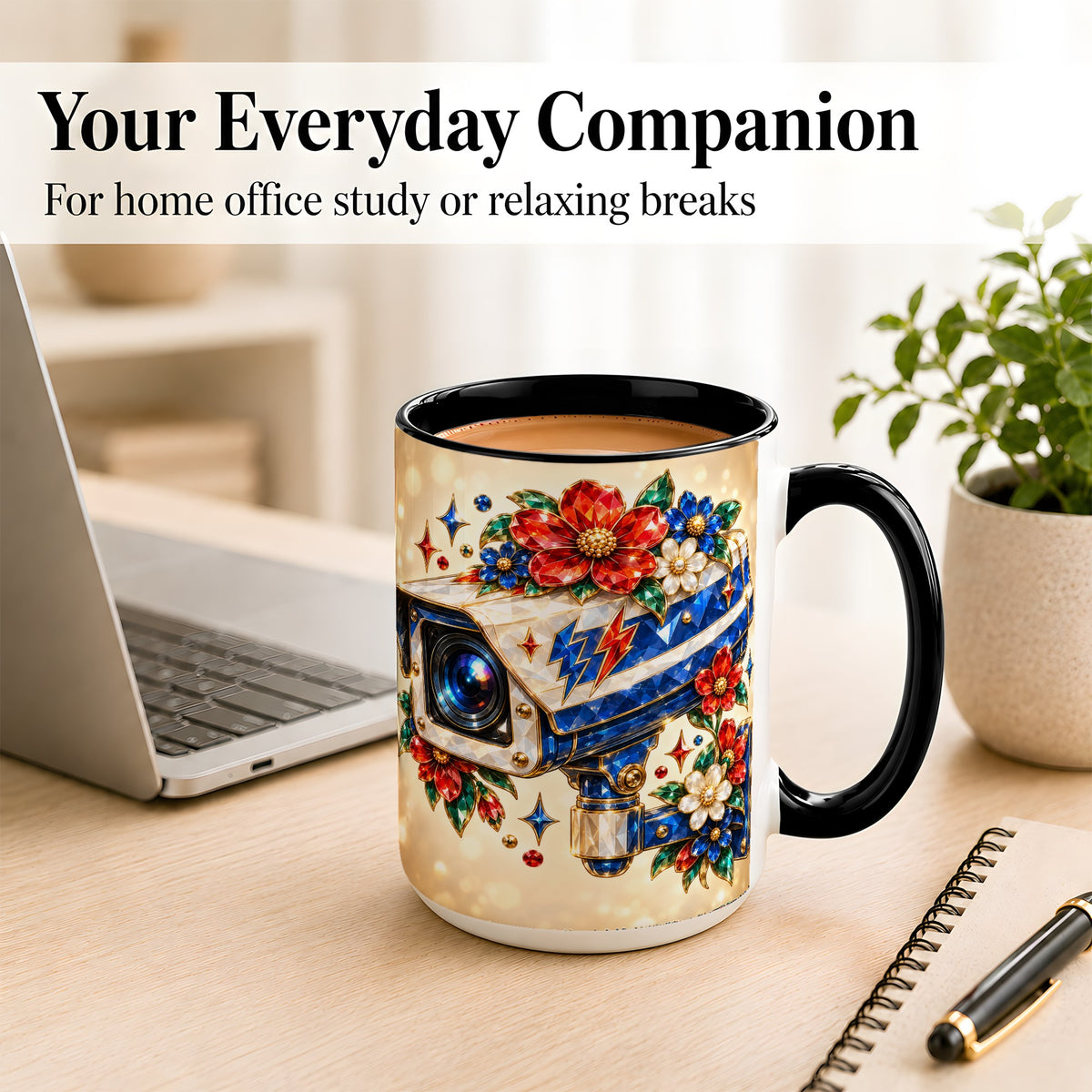 #pl[15oz|Black] Jeweled Floral Camera Coffee Mug, Surveillance Art Mug, Ceramic Cup