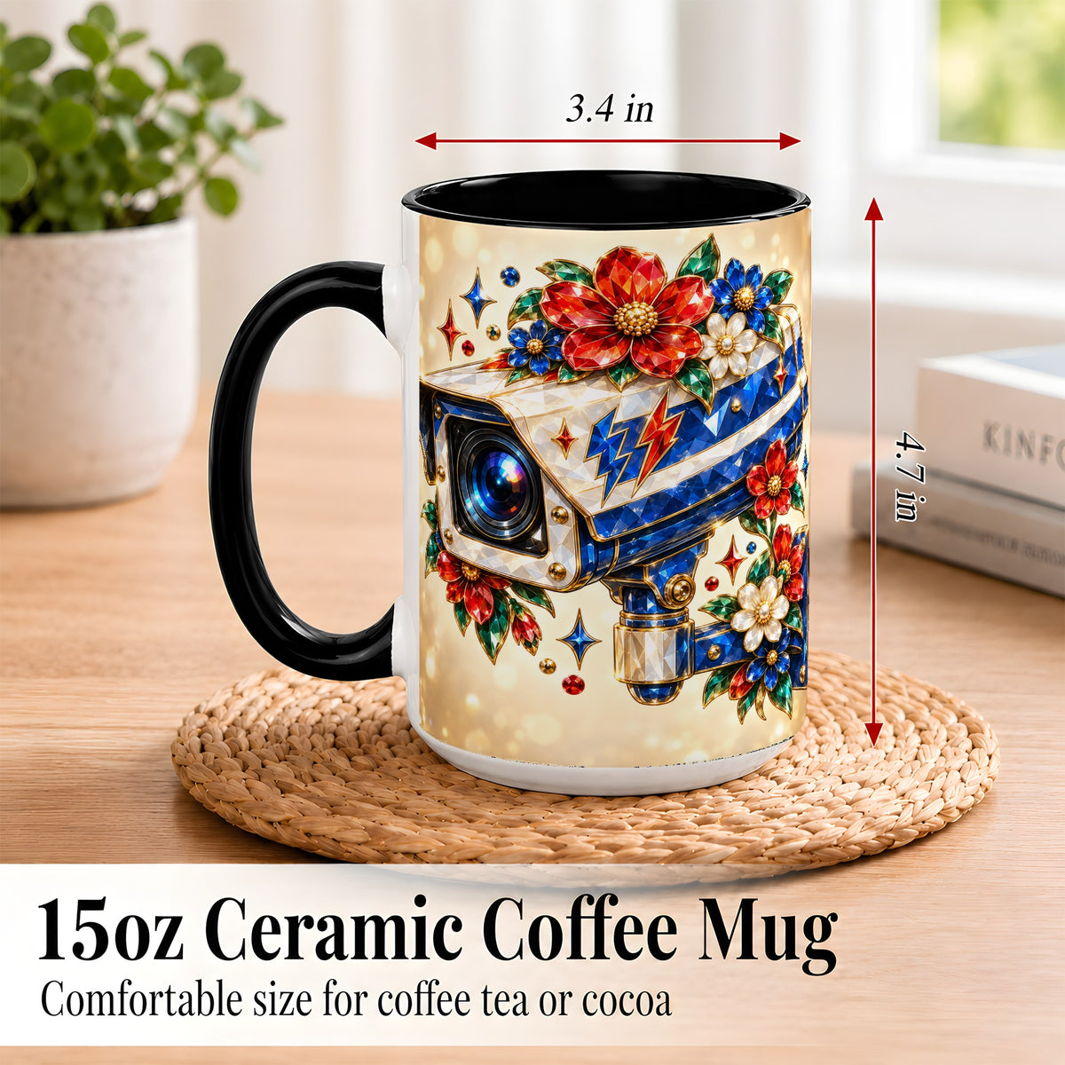 #pl[15oz|Black] Jeweled Floral Camera Coffee Mug, Surveillance Art Mug, Ceramic Cup