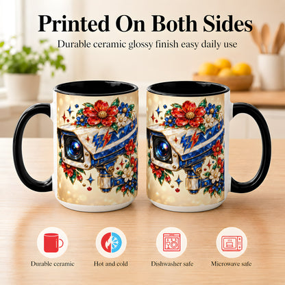 #pl[15oz|Black] Jeweled Floral Camera Coffee Mug, Surveillance Art Mug, Ceramic Cup
