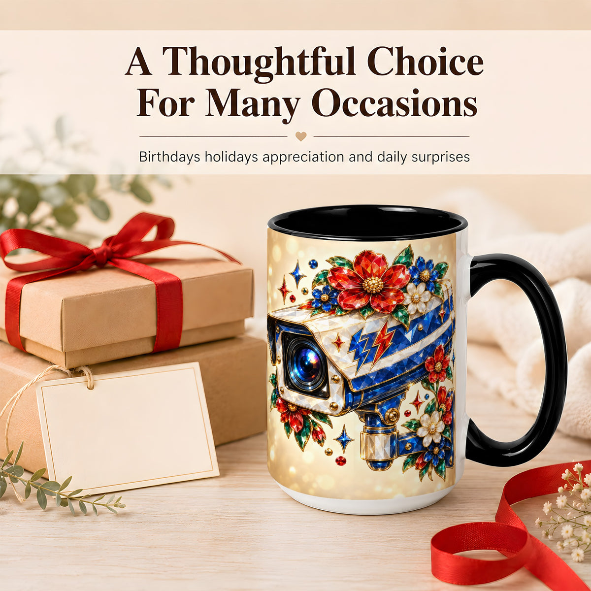 #pl[15oz|Black] Jeweled Floral Camera Coffee Mug, Surveillance Art Mug, Ceramic Cup