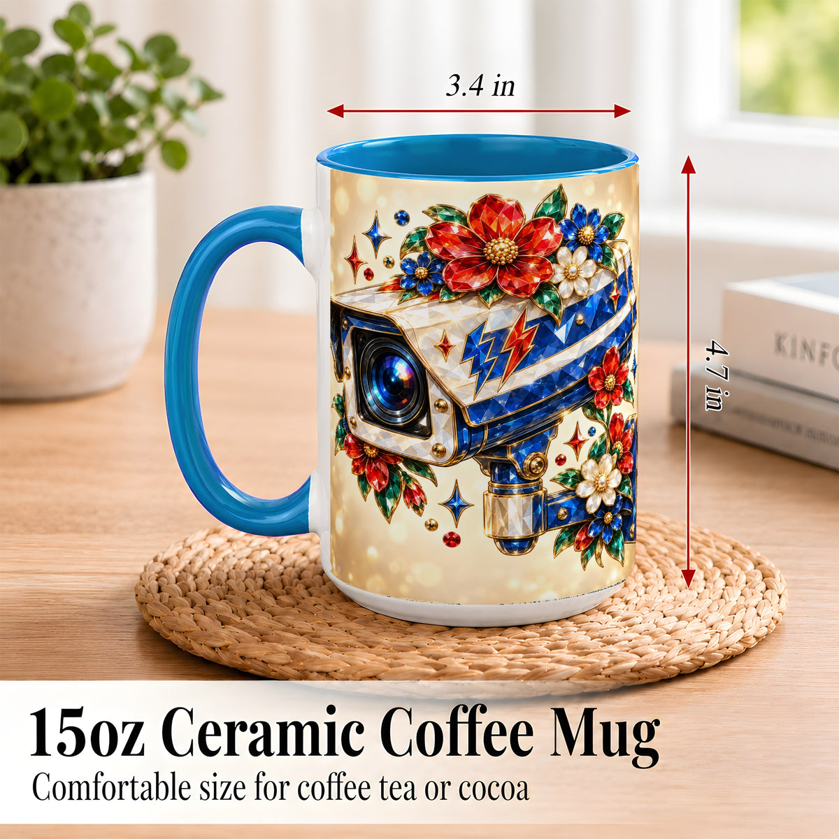 #pl[15oz|Blue] Jeweled Floral Camera Coffee Mug, Surveillance Art Mug, Ceramic Cup