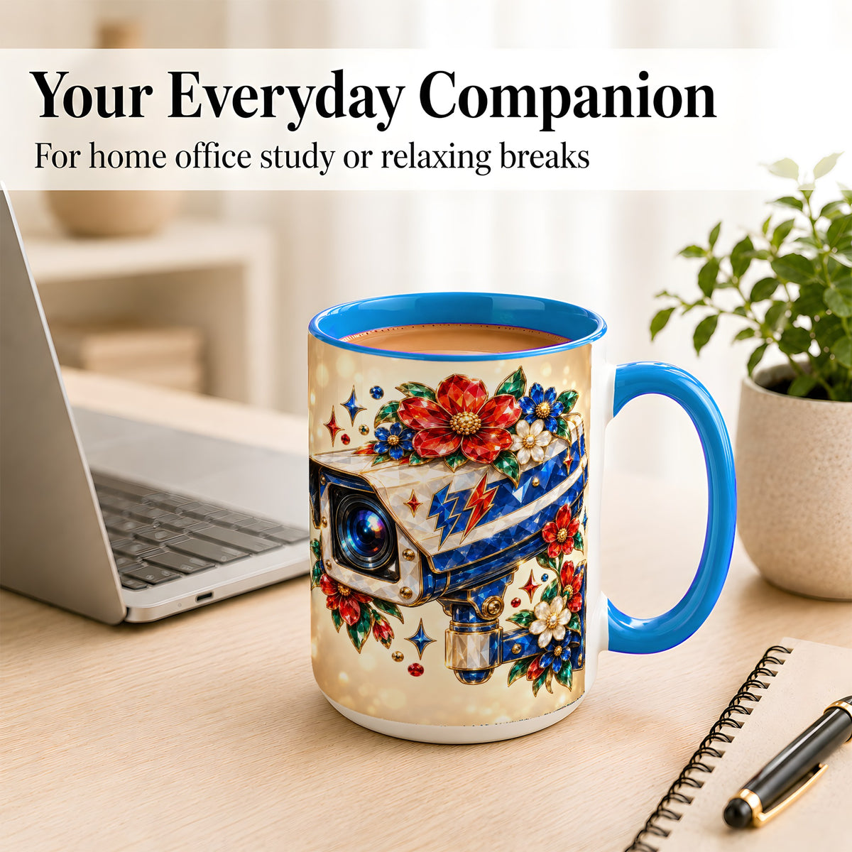 #pl[15oz|Blue] Jeweled Floral Camera Coffee Mug, Surveillance Art Mug, Ceramic Cup