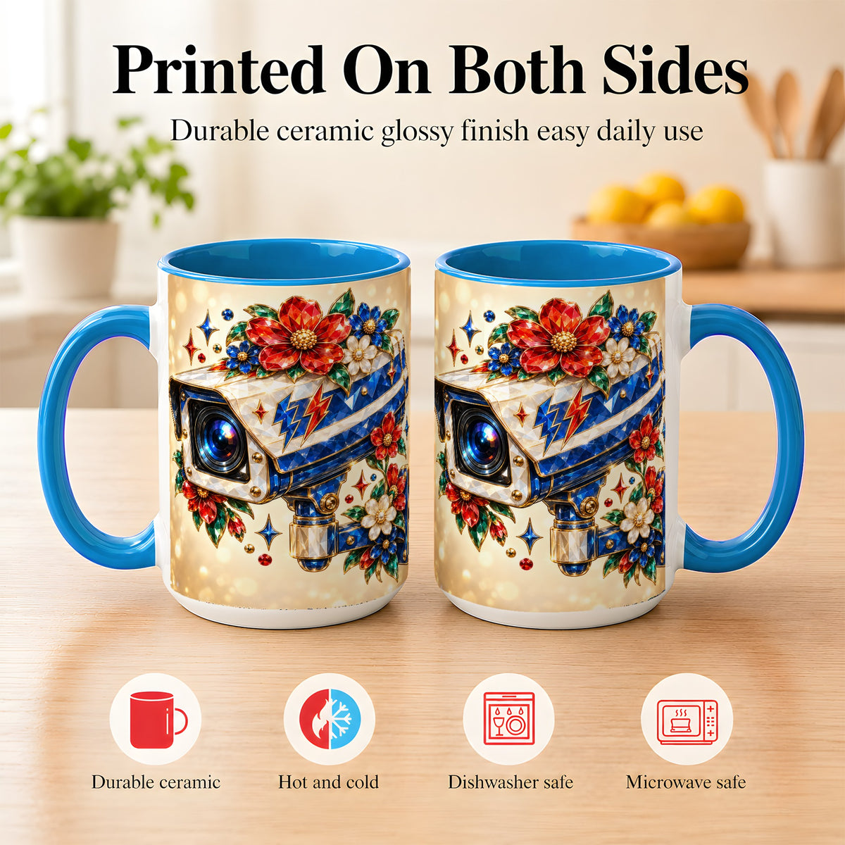 #pl[15oz|Blue] Jeweled Floral Camera Coffee Mug, Surveillance Art Mug, Ceramic Cup