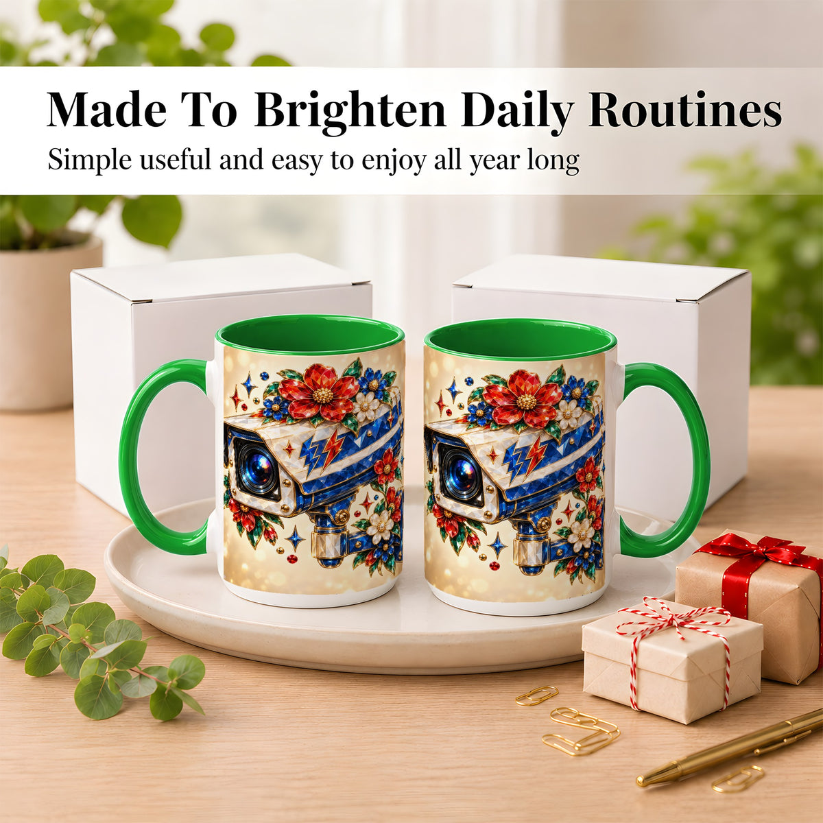 #pl[15oz|Green] Jeweled Floral Camera Coffee Mug, Surveillance Art Mug, Ceramic Cup