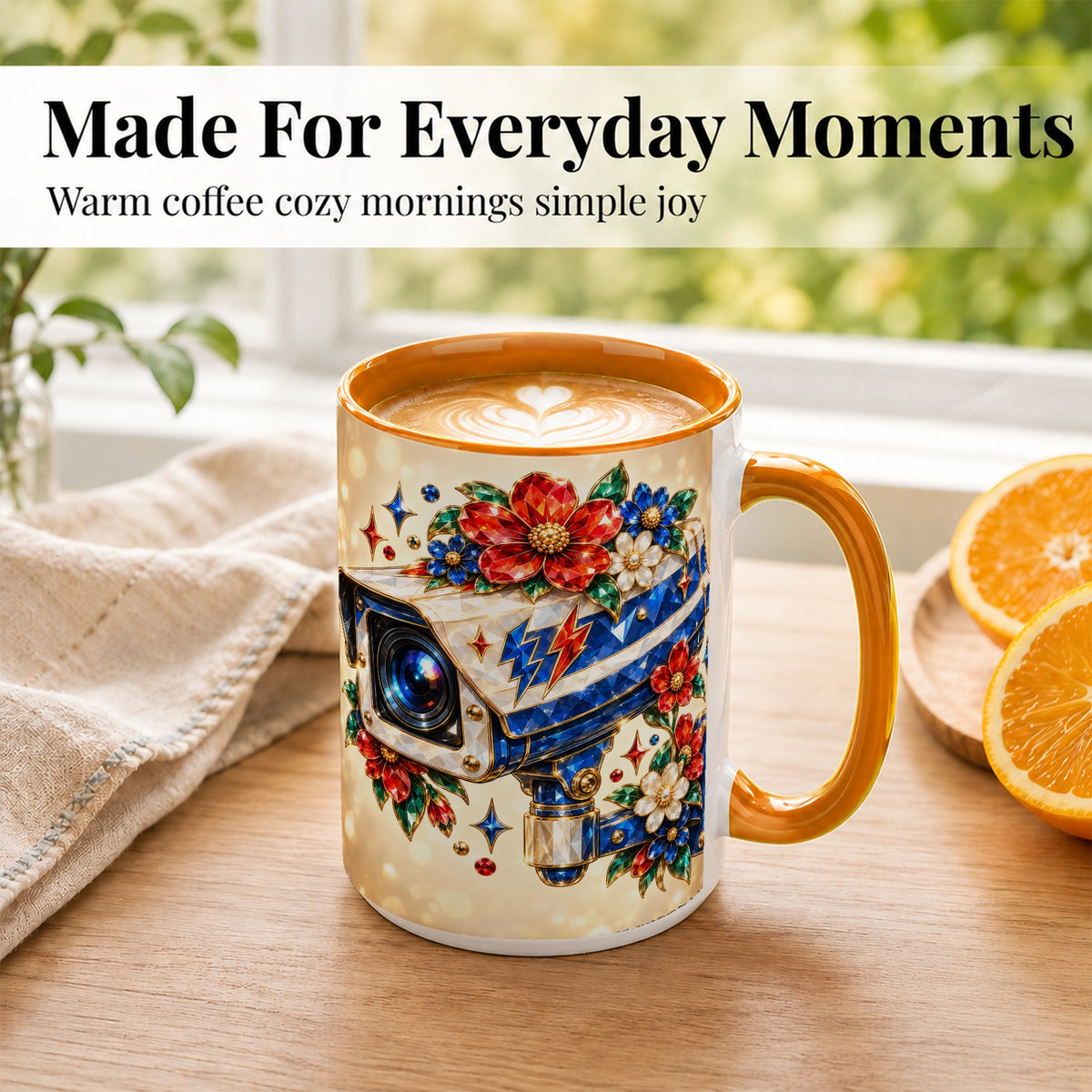 #pl[15oz|Orange] Jeweled Floral Camera Coffee Mug, Surveillance Art Mug, Ceramic Cup