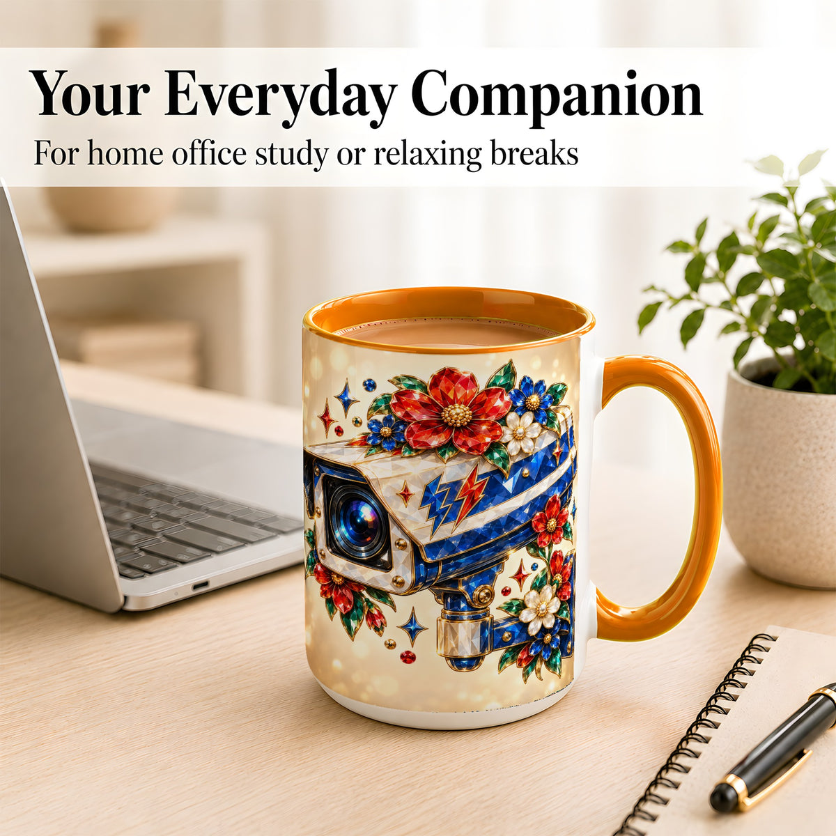 #pl[15oz|Orange] Jeweled Floral Camera Coffee Mug, Surveillance Art Mug, Ceramic Cup