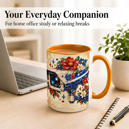 #pl[15oz|Orange] Jeweled Floral Camera Coffee Mug, Surveillance Art Mug, Ceramic Cup