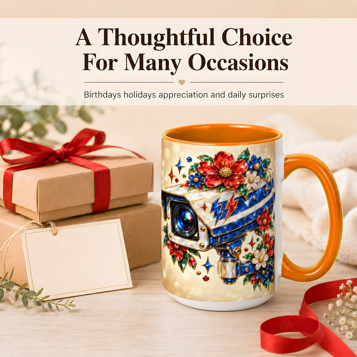 #pl[15oz|Orange] Jeweled Floral Camera Coffee Mug, Surveillance Art Mug, Ceramic Cup