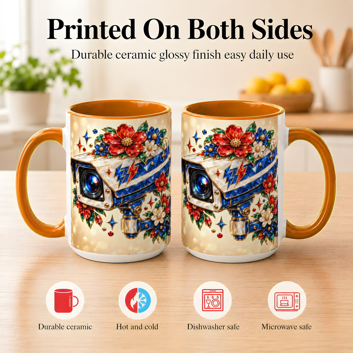 #pl[15oz|Orange] Jeweled Floral Camera Coffee Mug, Surveillance Art Mug, Ceramic Cup