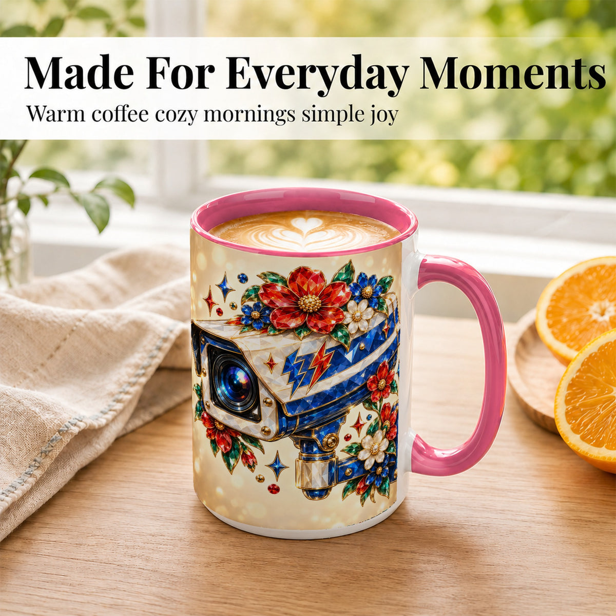 #pl[15oz|Pink] Jeweled Floral Camera Coffee Mug, Surveillance Art Mug, Ceramic Cup
