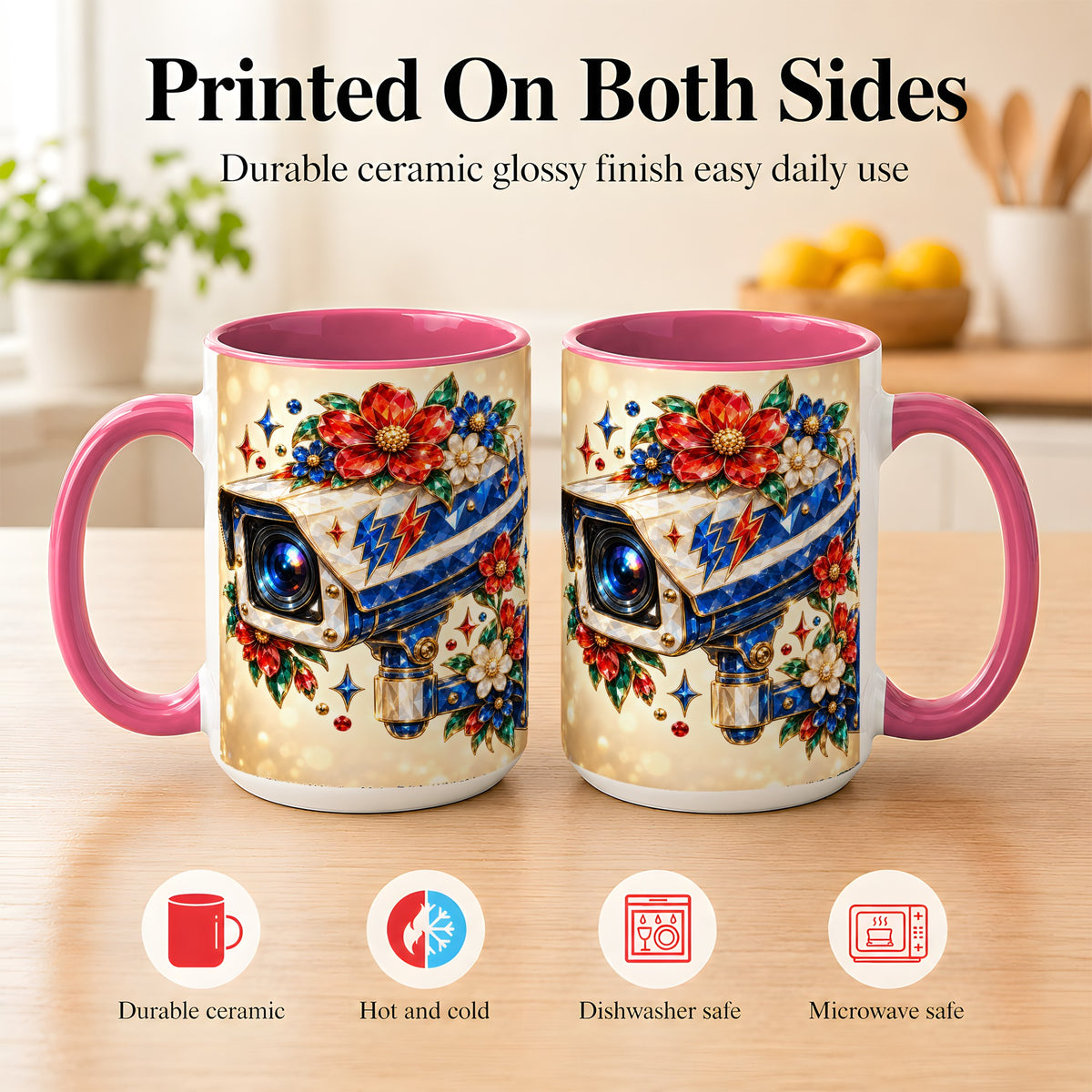 #pl[15oz|Pink] Jeweled Floral Camera Coffee Mug, Surveillance Art Mug, Ceramic Cup