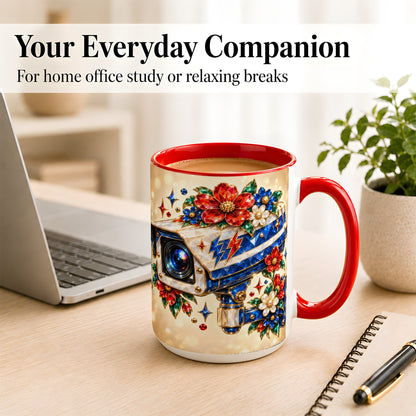 #pl[15oz|Red] Jeweled Floral Camera Coffee Mug, Surveillance Art Mug, Ceramic Cup