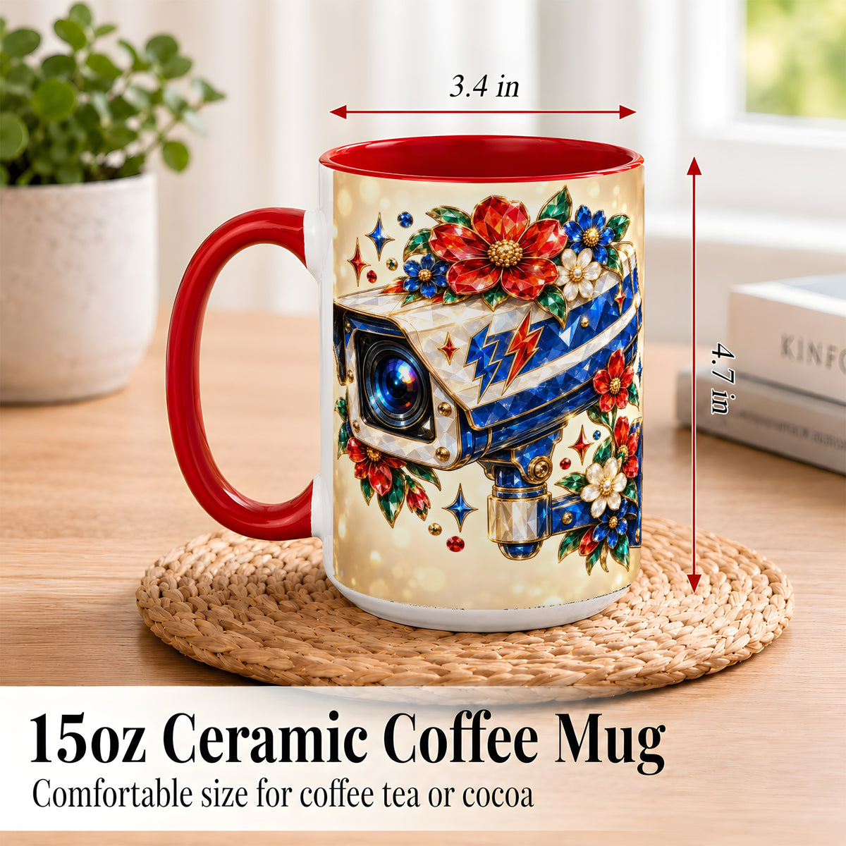 #pl[15oz|Red] Jeweled Floral Camera Coffee Mug, Surveillance Art Mug, Ceramic Cup