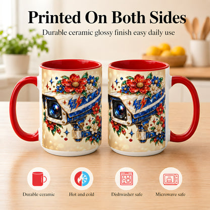 #pl[15oz|Red] Jeweled Floral Camera Coffee Mug, Surveillance Art Mug, Ceramic Cup