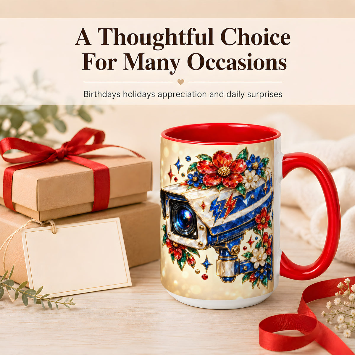 #pl[15oz|Red] Jeweled Floral Camera Coffee Mug, Surveillance Art Mug, Ceramic Cup