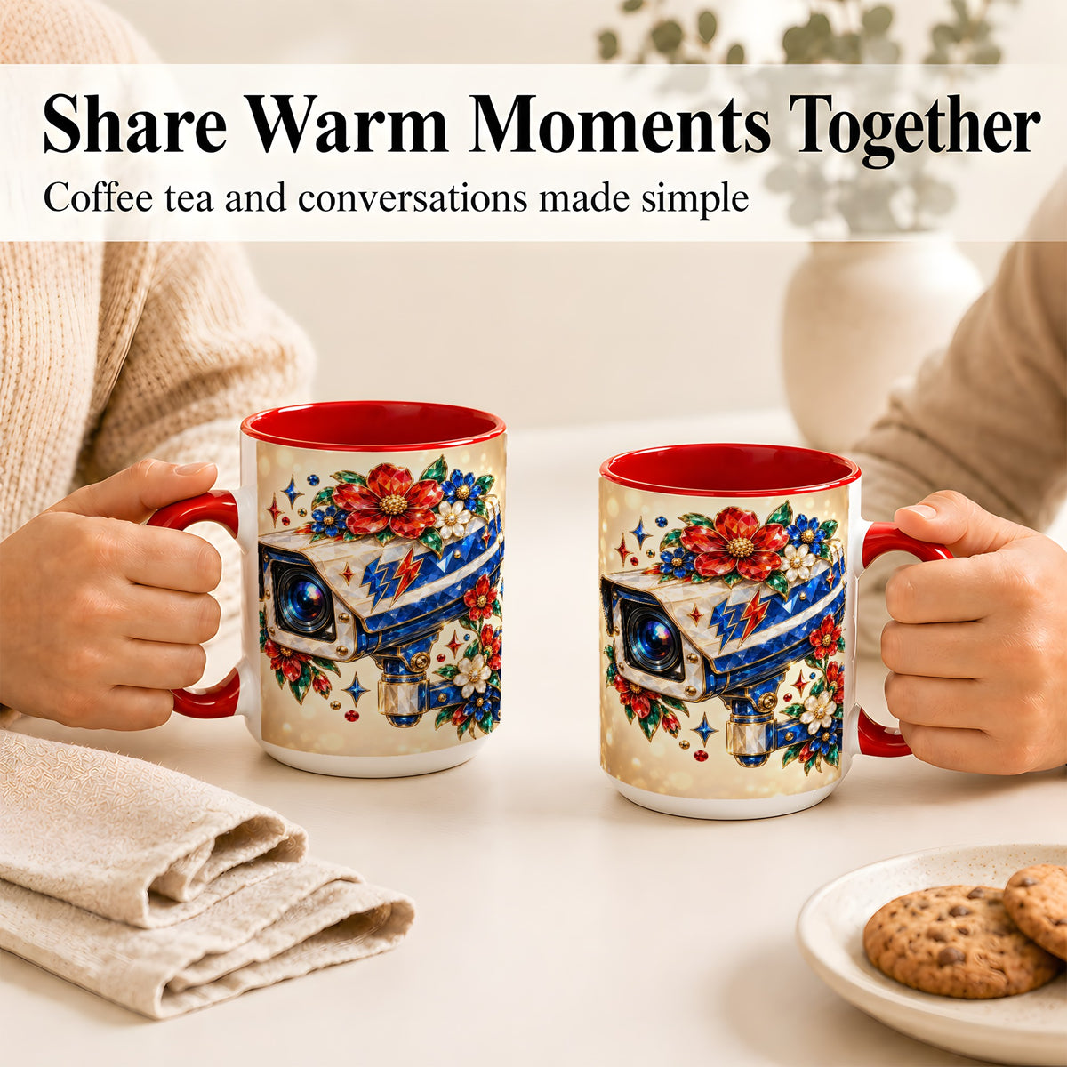#pl[15oz|Red] Jeweled Floral Camera Coffee Mug, Surveillance Art Mug, Ceramic Cup