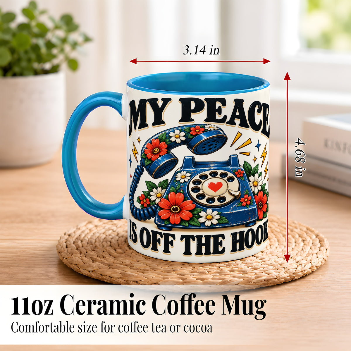 #pl[11oz|Blue] Retro Rotary Telephone Coffee Mug, Floral Phone Mug, Ceramic Cup