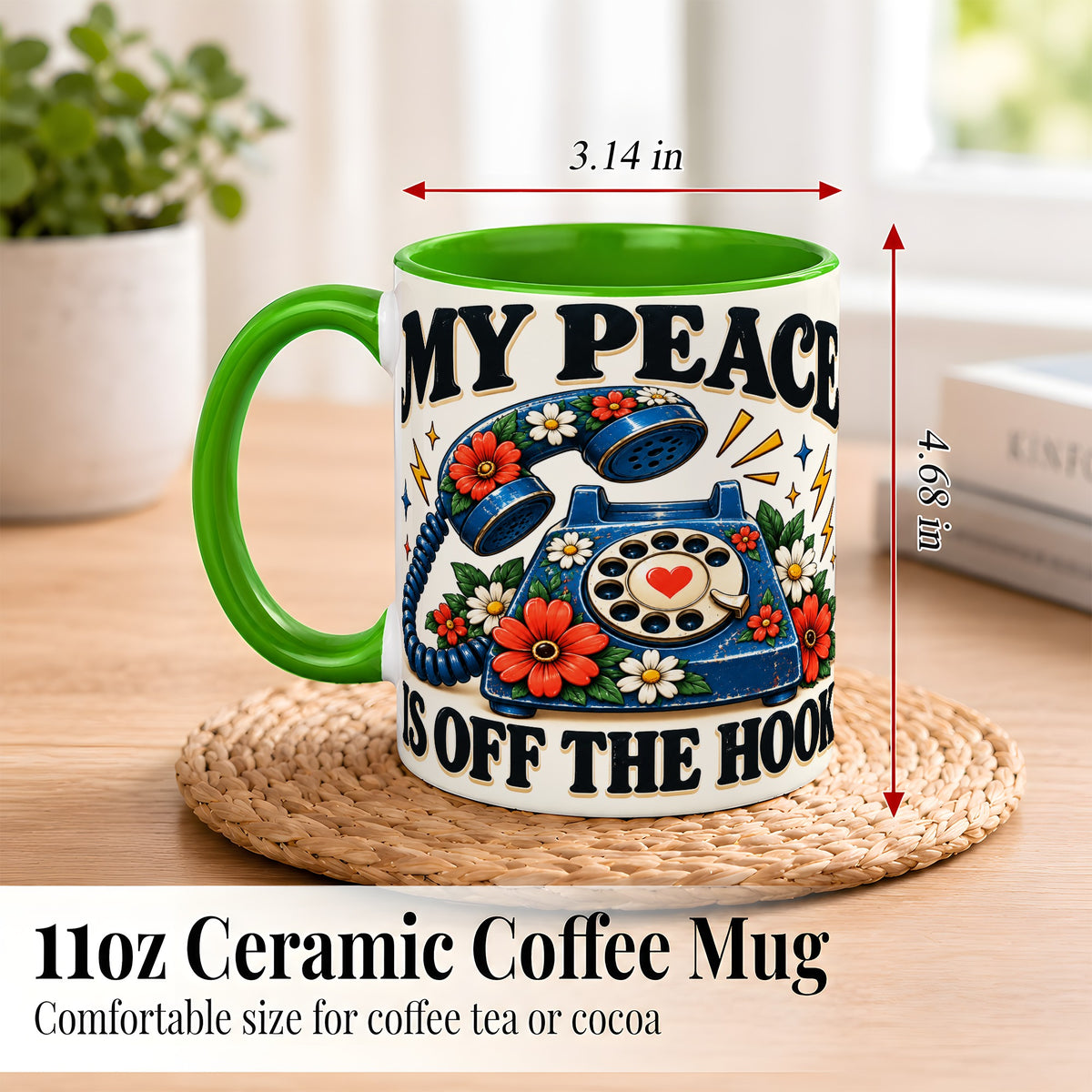 #pl[11oz|Green] Retro Rotary Telephone Coffee Mug, Floral Phone Mug, Ceramic Cup