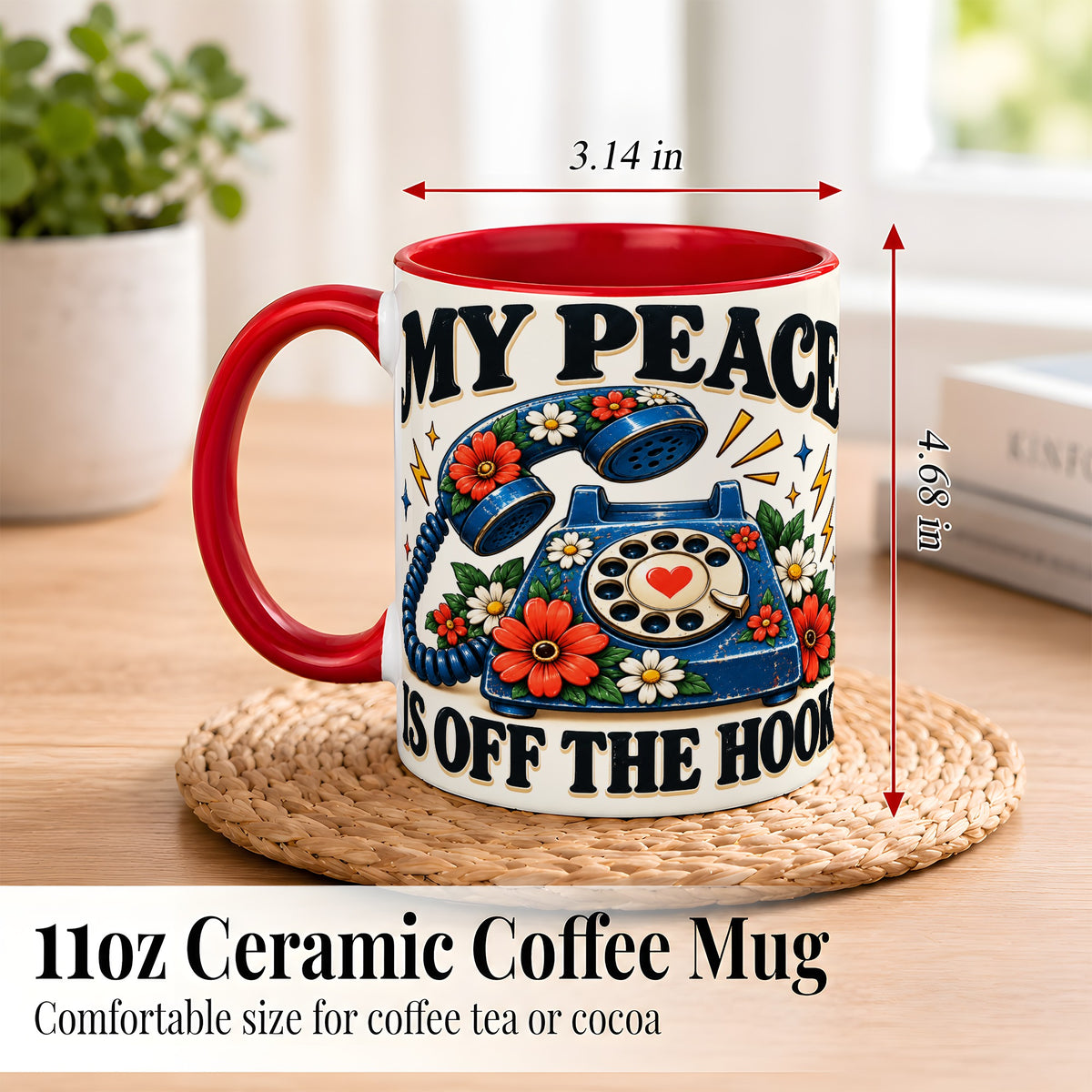 #pl[11oz|Red] Retro Rotary Telephone Coffee Mug, Floral Phone Mug, Ceramic Cup