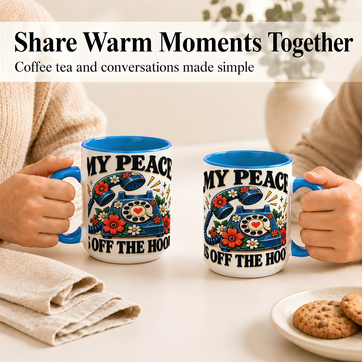 #pl[15oz|Blue] Retro Rotary Telephone Coffee Mug, Floral Phone Mug, Ceramic Cup