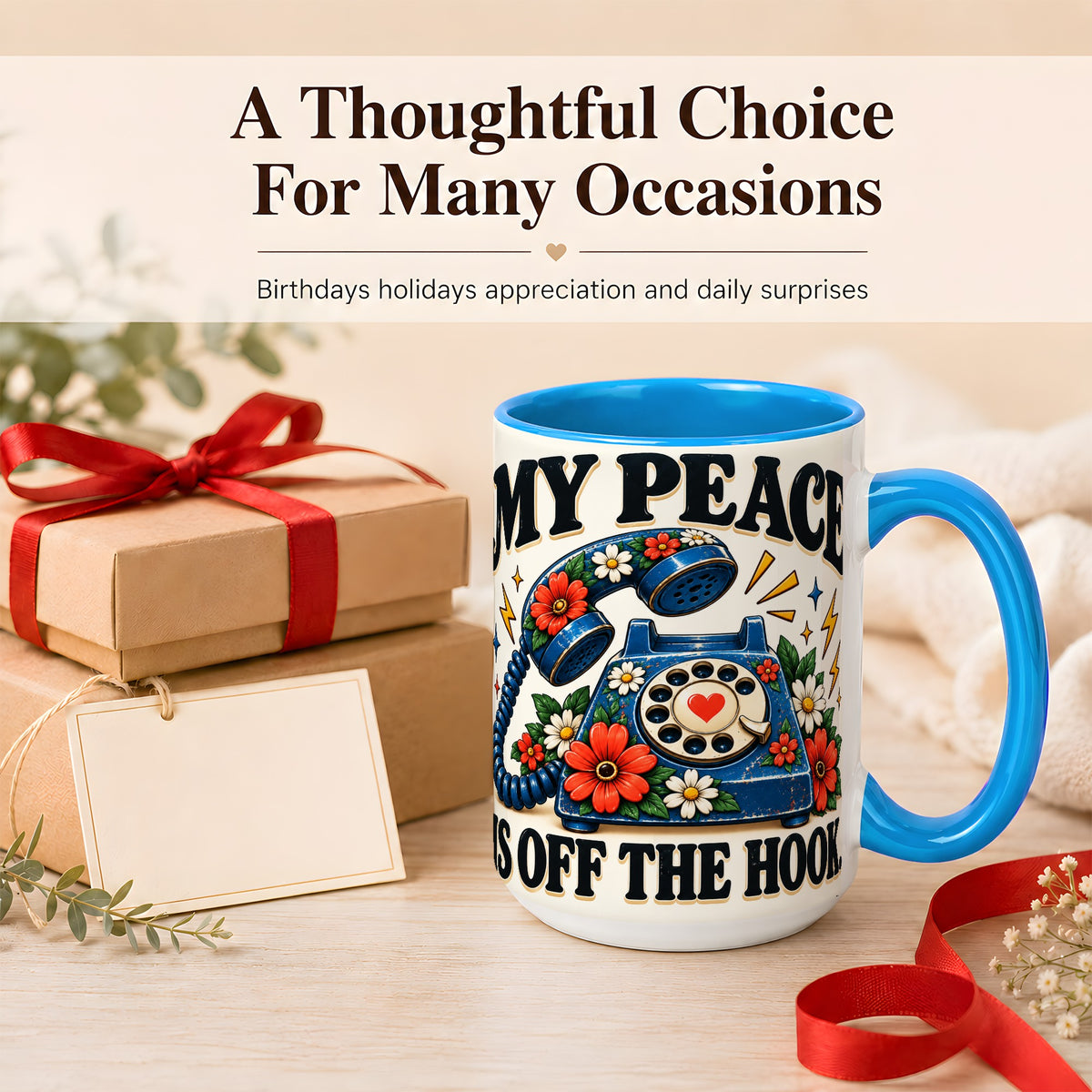 #pl[15oz|Blue] Retro Rotary Telephone Coffee Mug, Floral Phone Mug, Ceramic Cup