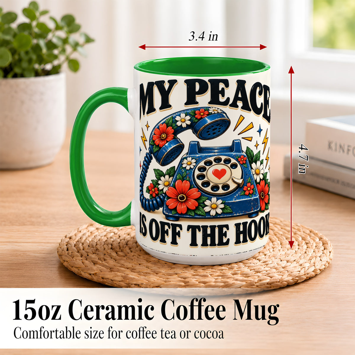 #pl[15oz|Green] Retro Rotary Telephone Coffee Mug, Floral Phone Mug, Ceramic Cup