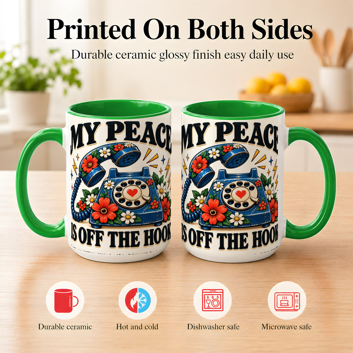#pl[15oz|Green] Retro Rotary Telephone Coffee Mug, Floral Phone Mug, Ceramic Cup
