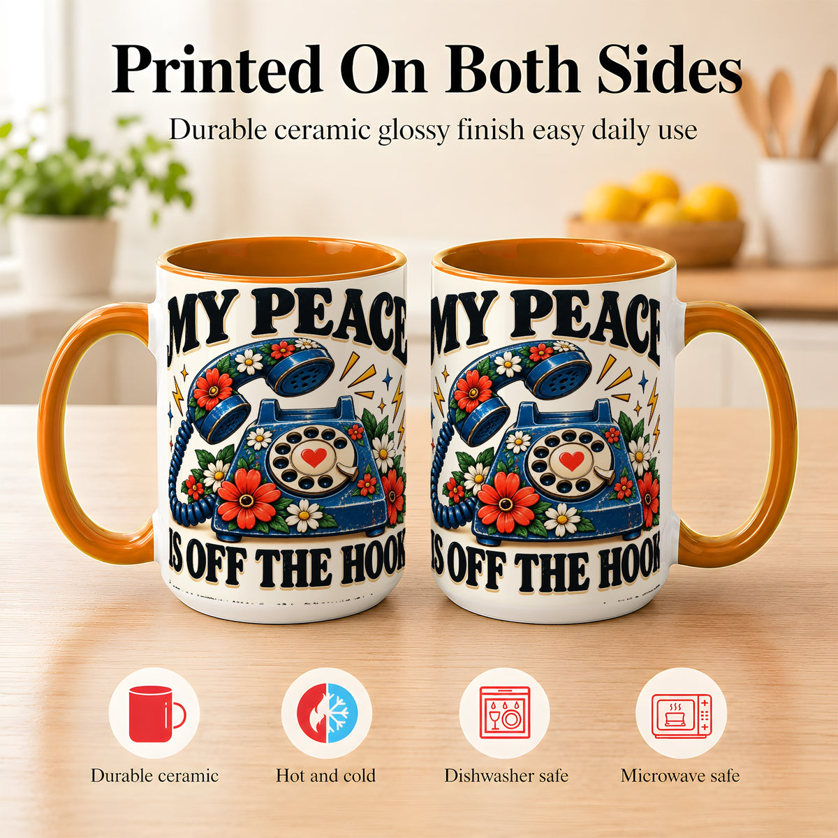 #pl[15oz|Orange] Retro Rotary Telephone Coffee Mug, Floral Phone Mug, Ceramic Cup
