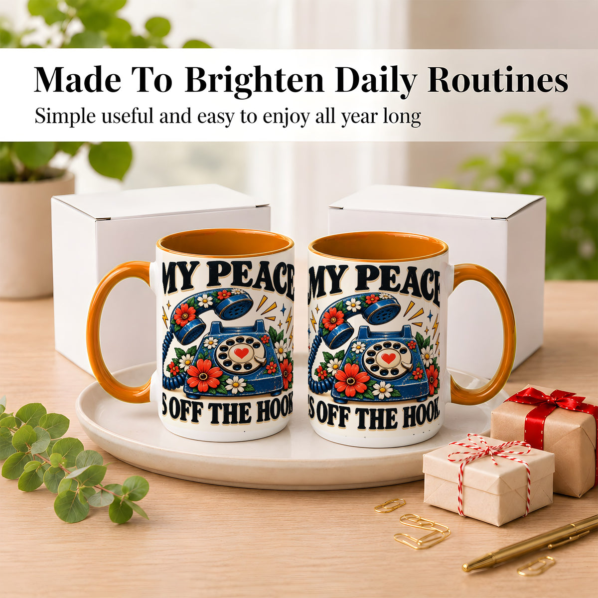 #pl[15oz|Orange] Retro Rotary Telephone Coffee Mug, Floral Phone Mug, Ceramic Cup