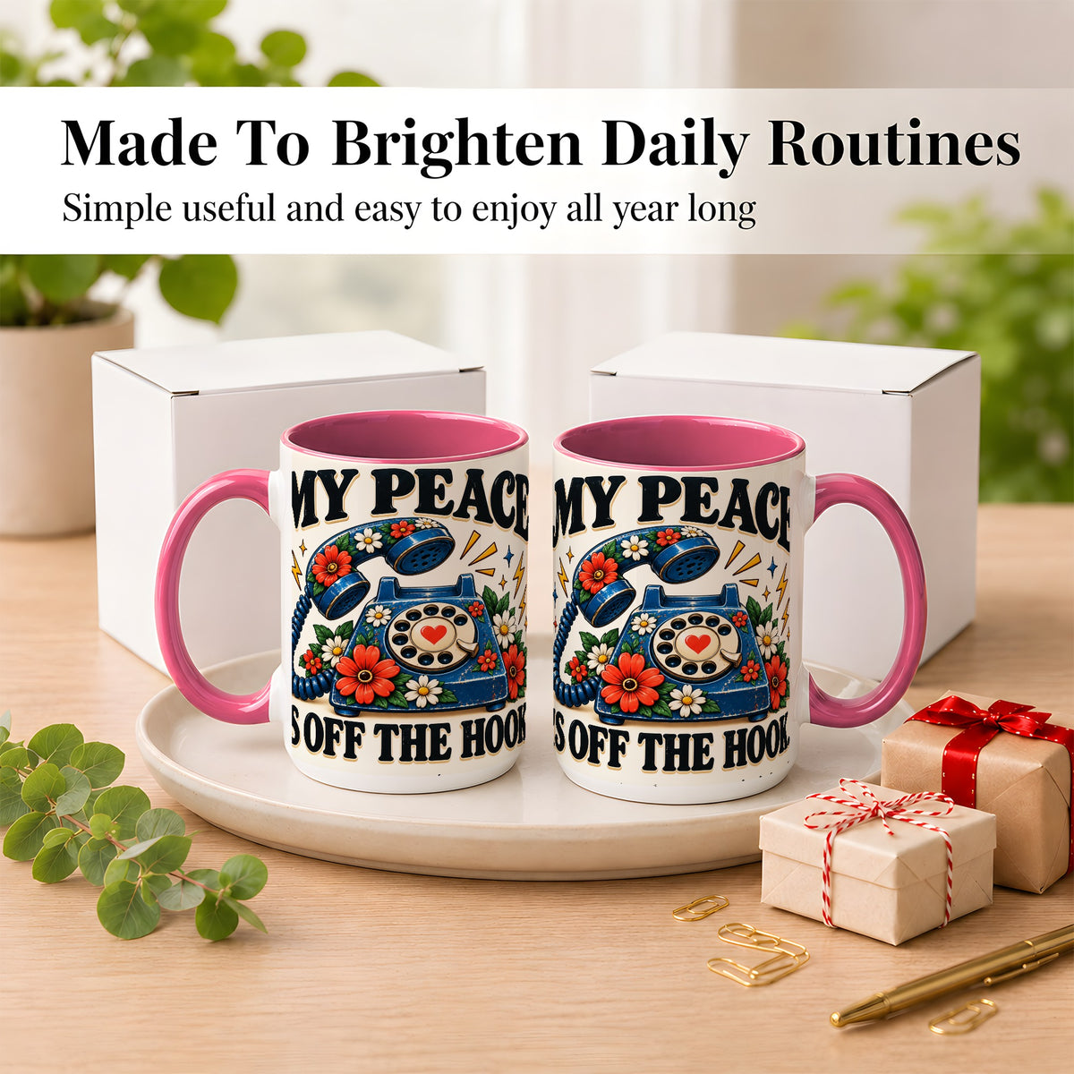 #pl[15oz|Pink] Retro Rotary Telephone Coffee Mug, Floral Phone Mug, Ceramic Cup