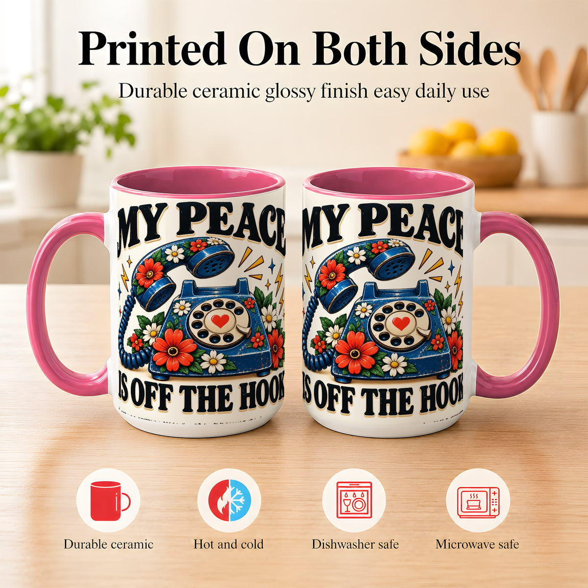#pl[15oz|Pink] Retro Rotary Telephone Coffee Mug, Floral Phone Mug, Ceramic Cup