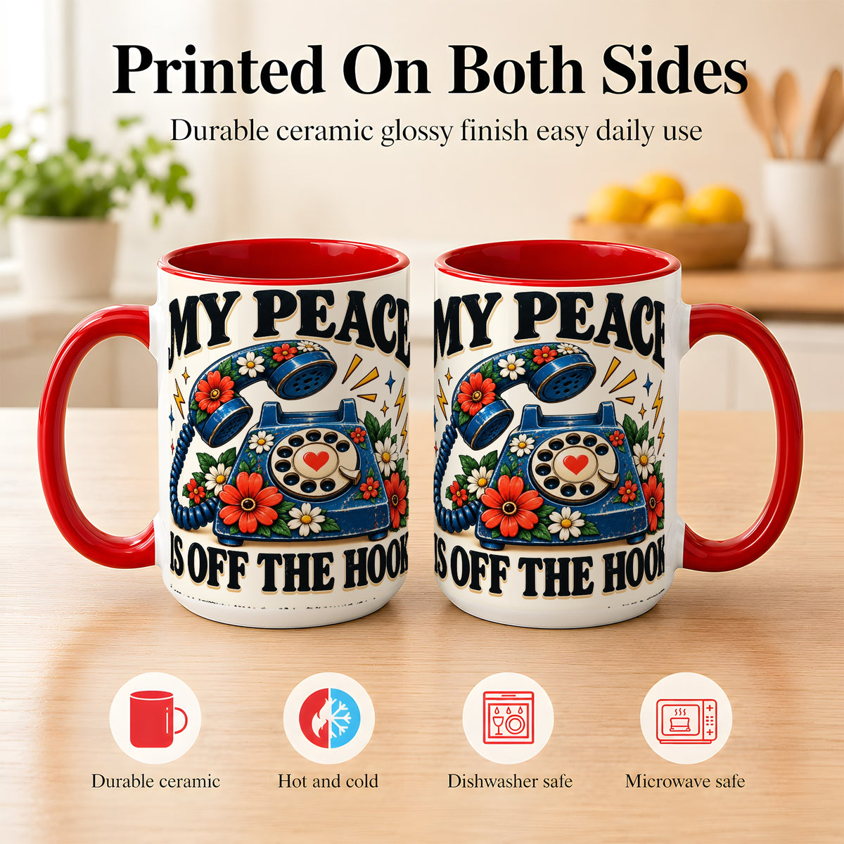 #pl[15oz|Red] Retro Rotary Telephone Coffee Mug, Floral Phone Mug, Ceramic Cup