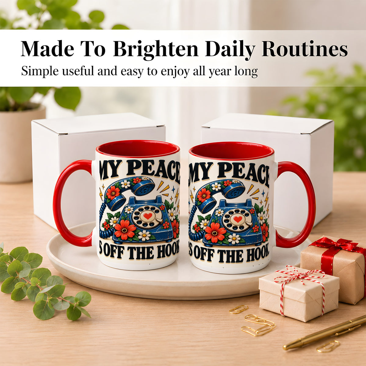 #pl[15oz|Red] Retro Rotary Telephone Coffee Mug, Floral Phone Mug, Ceramic Cup
