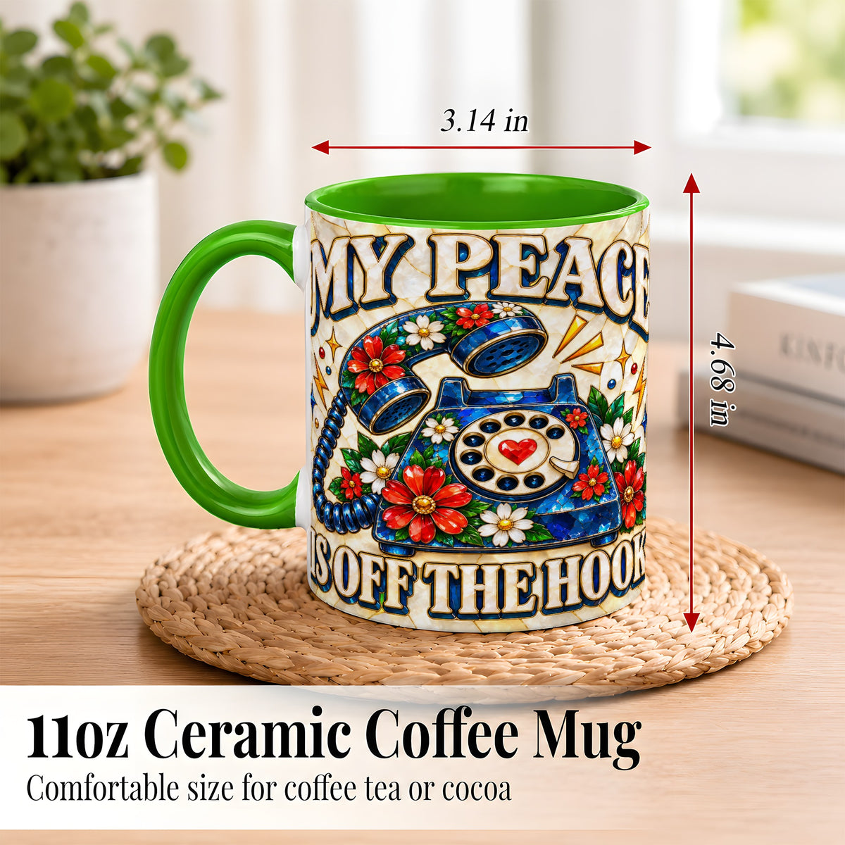 #pl[11oz|Green] Retro Rotary Phone Coffee Mug, Floral Quote Mug, Ceramic Cup