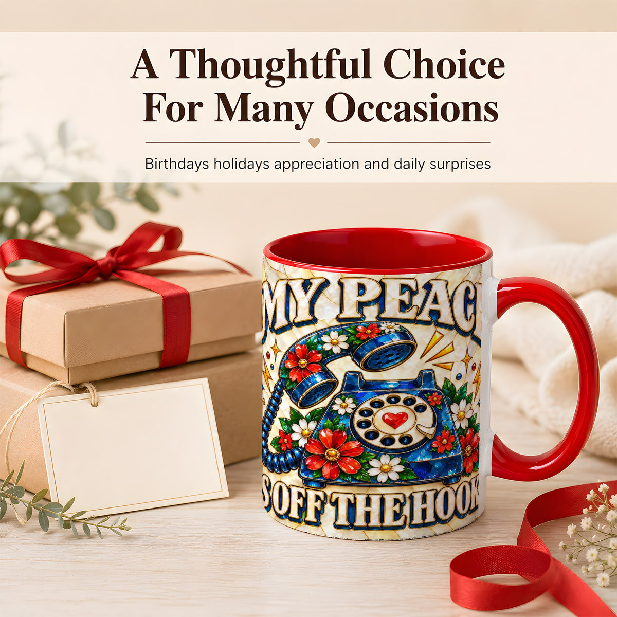 #pl[11oz|Red] Retro Rotary Phone Coffee Mug, Floral Quote Mug, Ceramic Cup