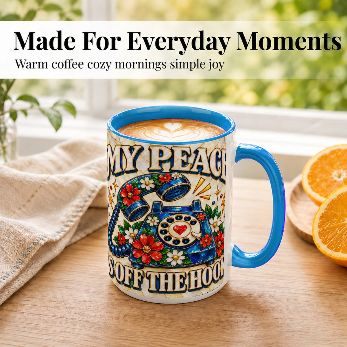 #pl[15oz|Blue] Retro Rotary Phone Coffee Mug, Floral Quote Mug, Ceramic Cup