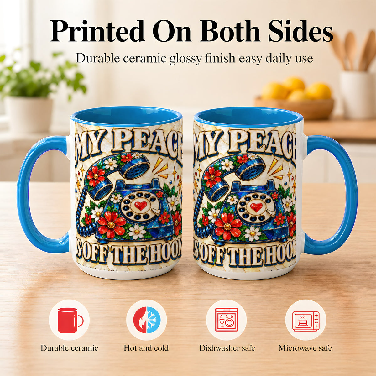 #pl[15oz|Blue] Retro Rotary Phone Coffee Mug, Floral Quote Mug, Ceramic Cup