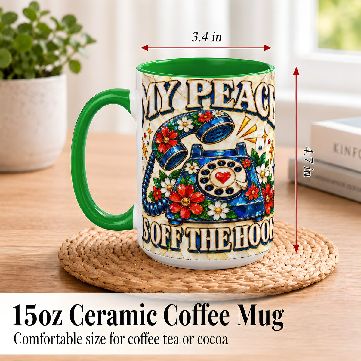 #pl[15oz|Green] Retro Rotary Phone Coffee Mug, Floral Quote Mug, Ceramic Cup