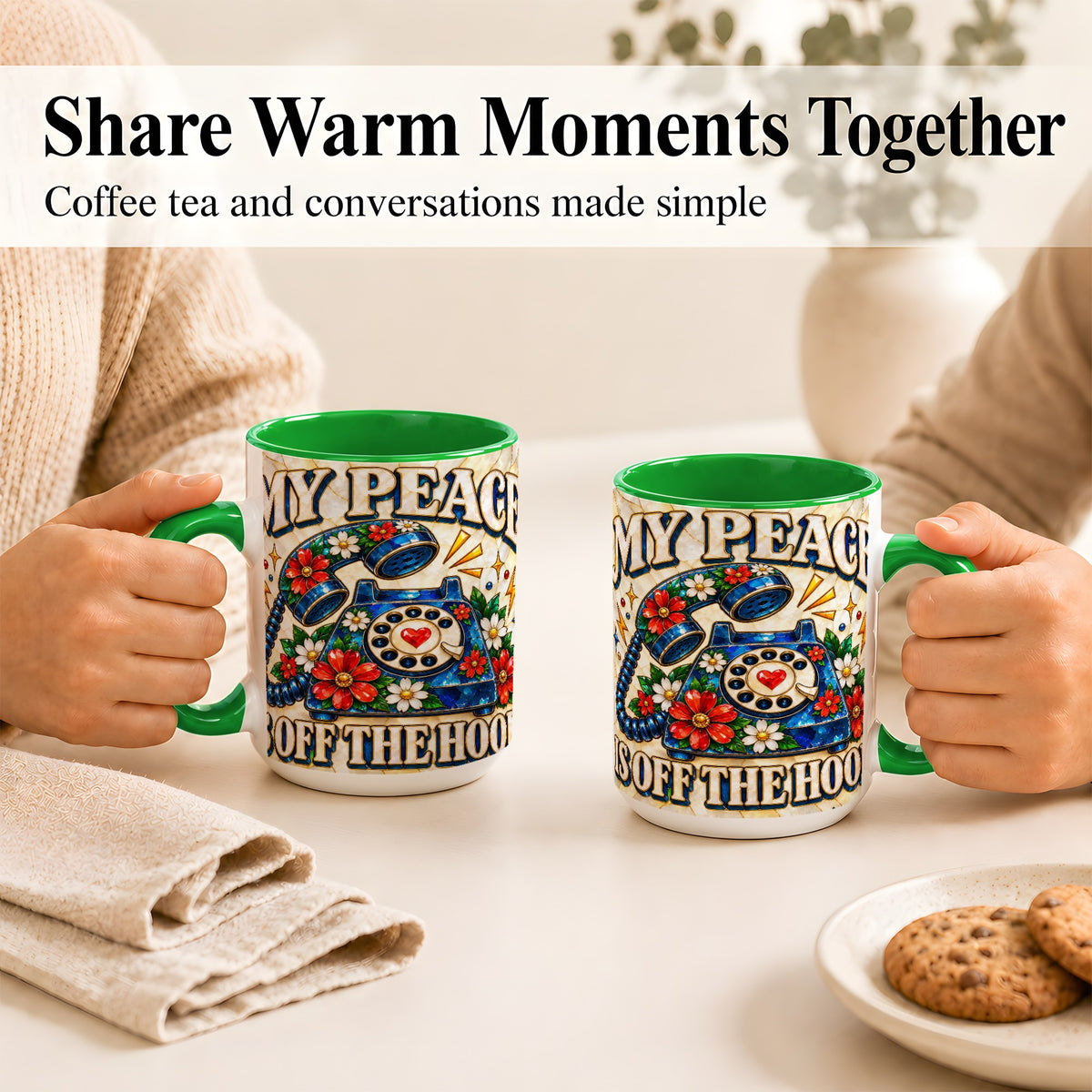 #pl[15oz|Green] Retro Rotary Phone Coffee Mug, Floral Quote Mug, Ceramic Cup