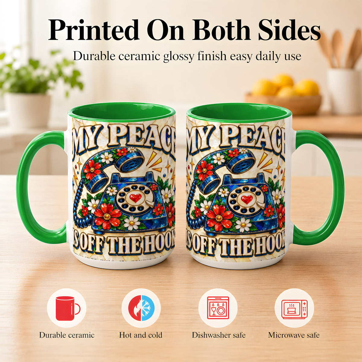 #pl[15oz|Green] Retro Rotary Phone Coffee Mug, Floral Quote Mug, Ceramic Cup