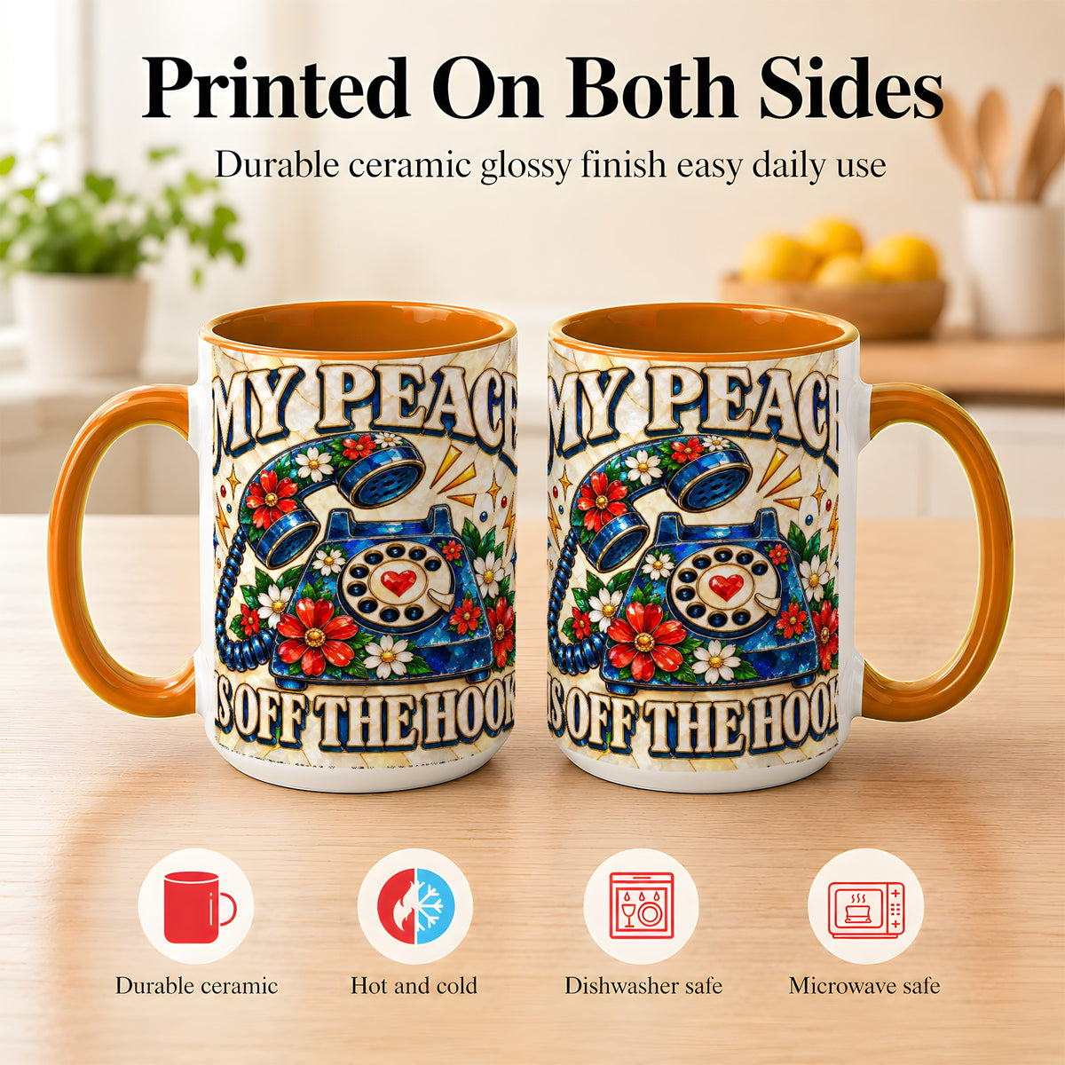#pl[15oz|Orange] Retro Rotary Phone Coffee Mug, Floral Quote Mug, Ceramic Cup
