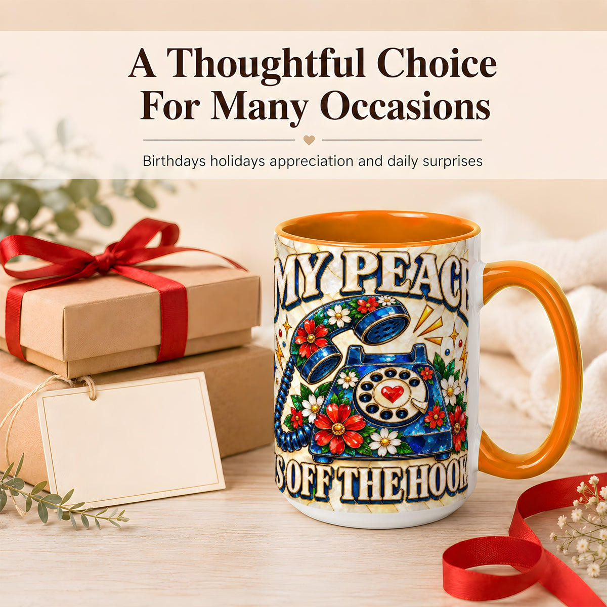 #pl[15oz|Orange] Retro Rotary Phone Coffee Mug, Floral Quote Mug, Ceramic Cup