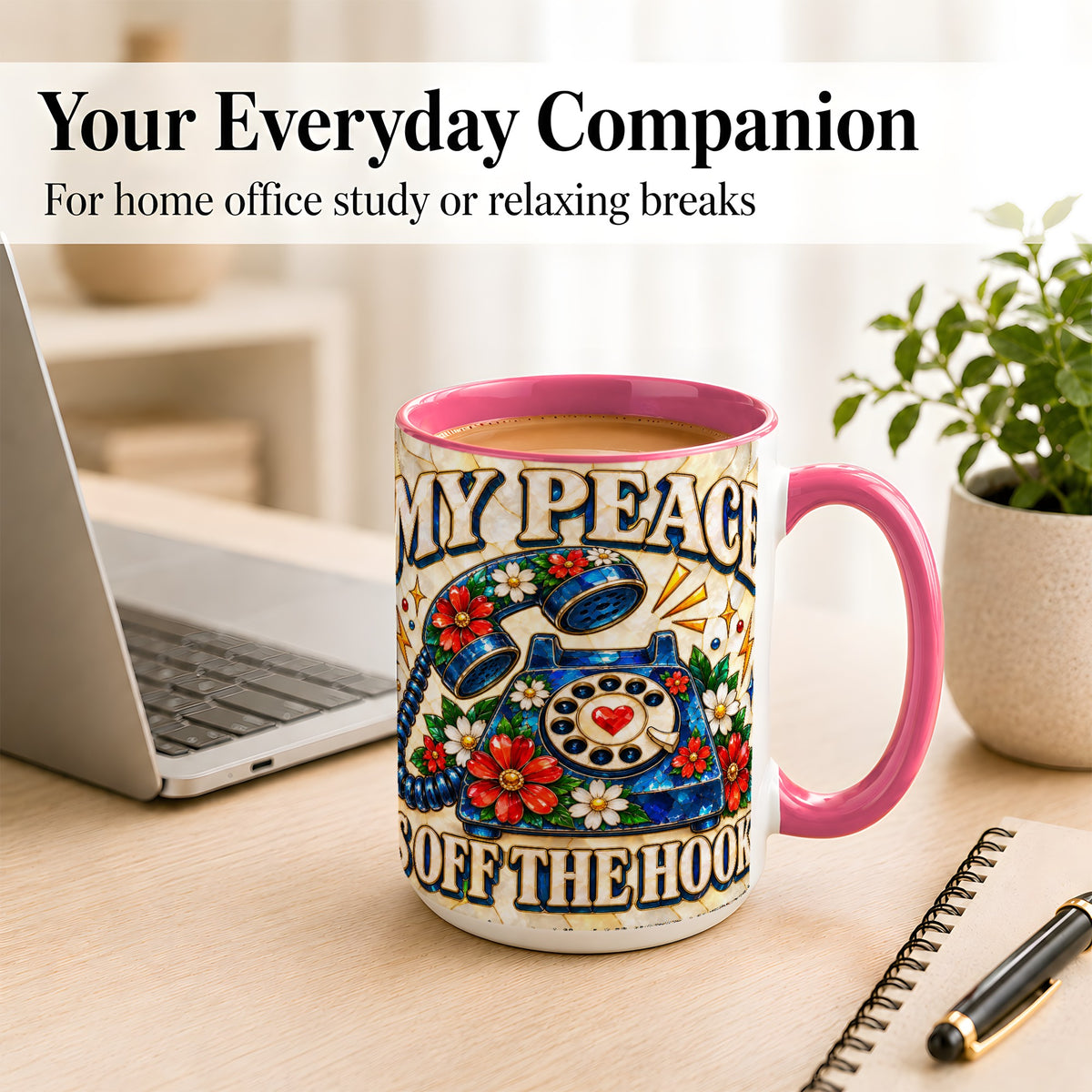 #pl[15oz|Pink] Retro Rotary Phone Coffee Mug, Floral Quote Mug, Ceramic Cup