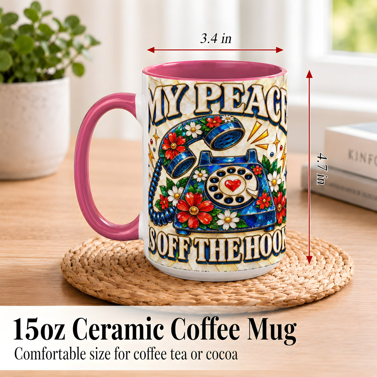 #pl[15oz|Pink] Retro Rotary Phone Coffee Mug, Floral Quote Mug, Ceramic Cup