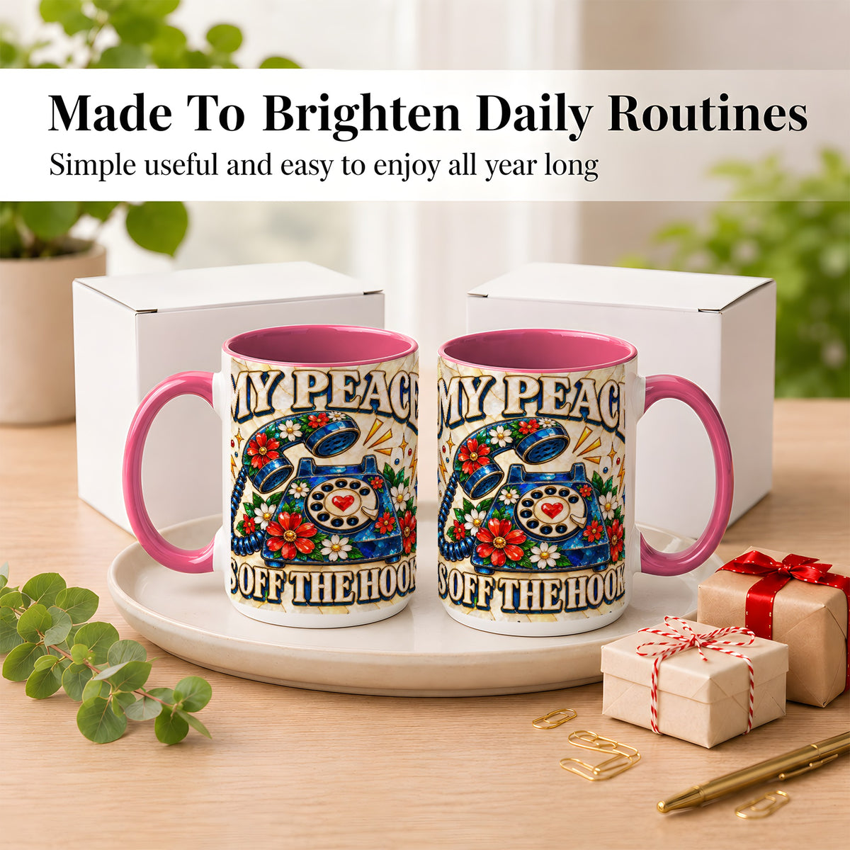 #pl[15oz|Pink] Retro Rotary Phone Coffee Mug, Floral Quote Mug, Ceramic Cup