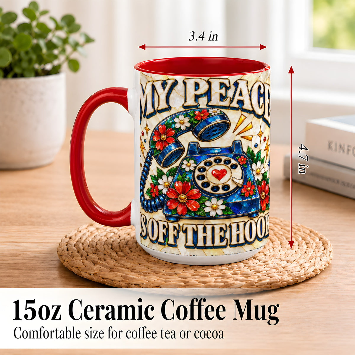 #pl[15oz|Red] Retro Rotary Phone Coffee Mug, Floral Quote Mug, Ceramic Cup
