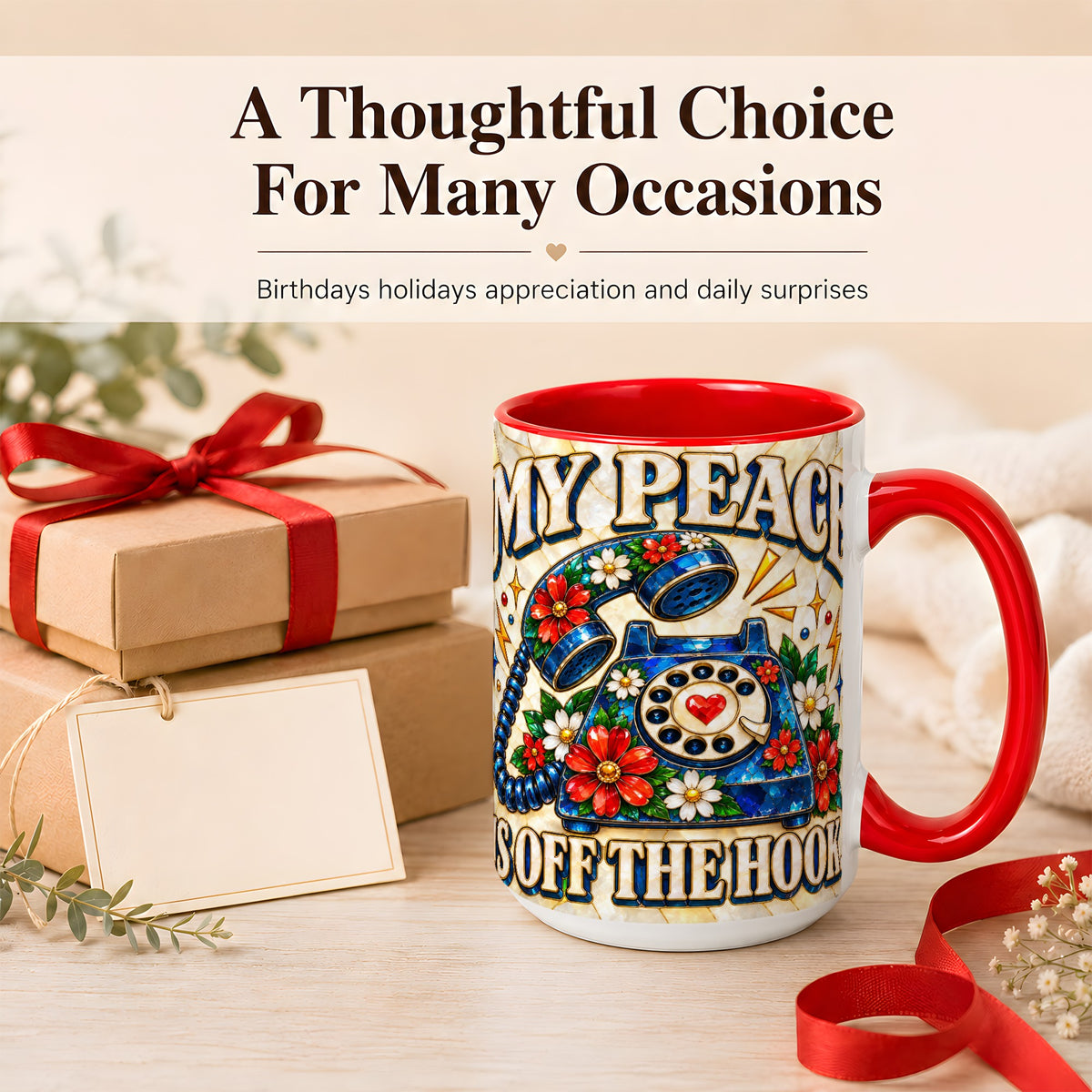#pl[15oz|Red] Retro Rotary Phone Coffee Mug, Floral Quote Mug, Ceramic Cup