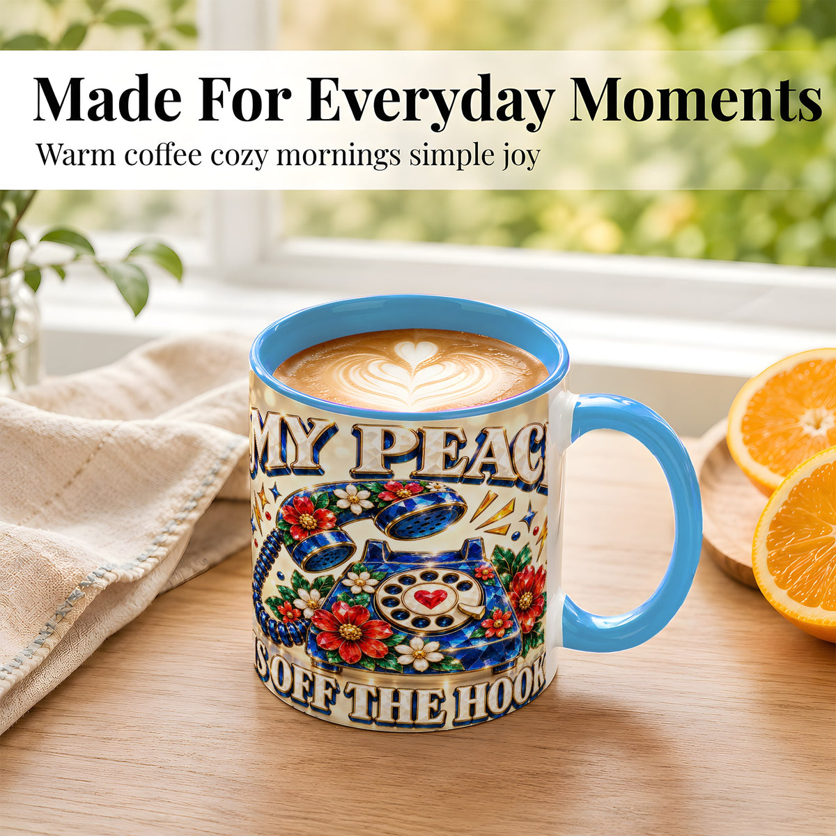 #pl[11oz|Blue] Jeweled Rotary Phone Coffee Mug, Floral Quote Mug, Ceramic Cup